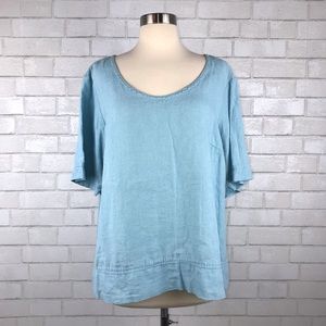 FLAX Blue Linen Round Neck Top Large S1705